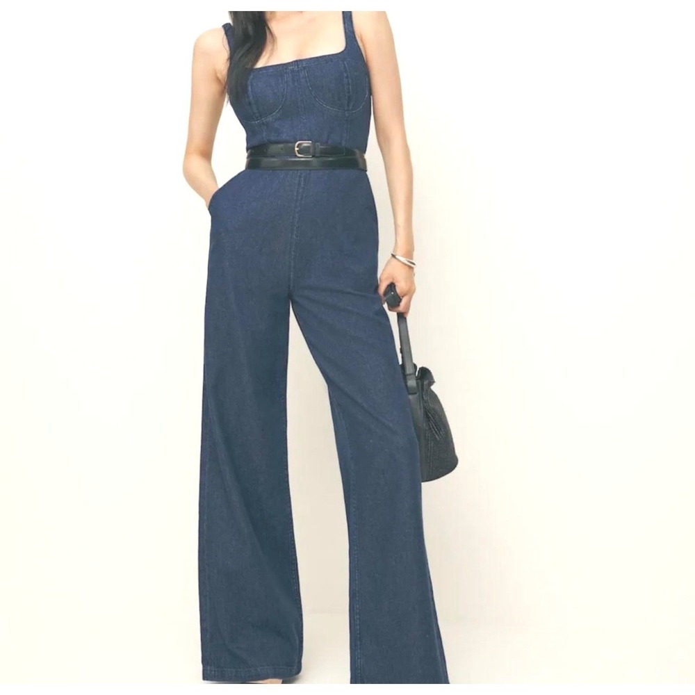 Reformation Melody Denim Jumpsuit Wide Leg Square Neck Dark Wash Womens 2 Blue
